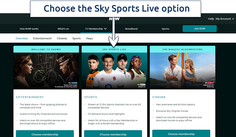 Screenshot of TV membership options on NOW