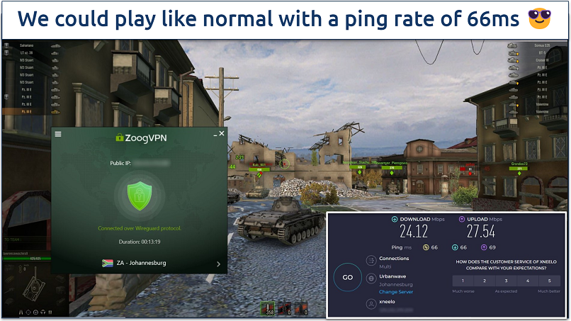 Screenshot of World of Tanks being played while connected to ZoogVPN's Johannesburg server