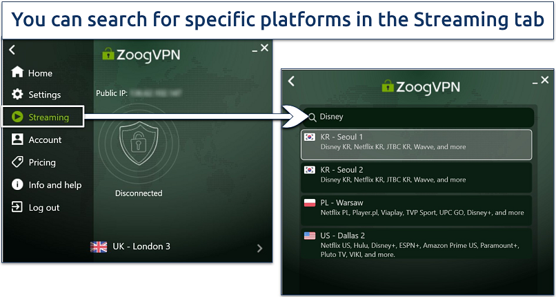 Screenshot of the ZoogVPN app for Windows highlighting the search bar in the Streaming tab