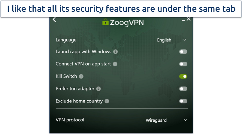 Screenshot of ZoogVPN's settings menu on the Windows app 
