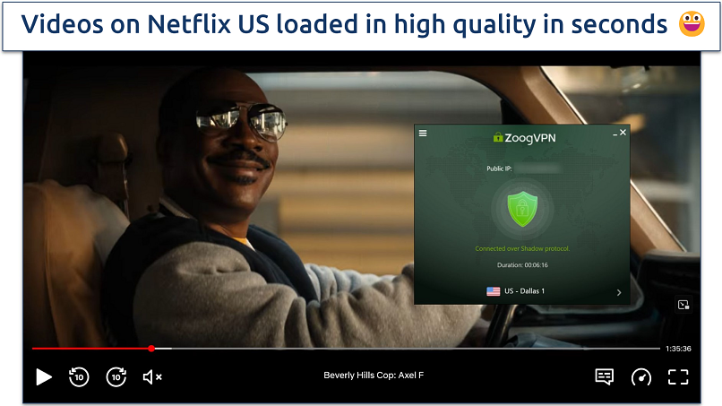 Screenshot of Netflix player streaming Beverly Hills Cop: Axel F while connected to Zoog VPN's Dallas 1 server 