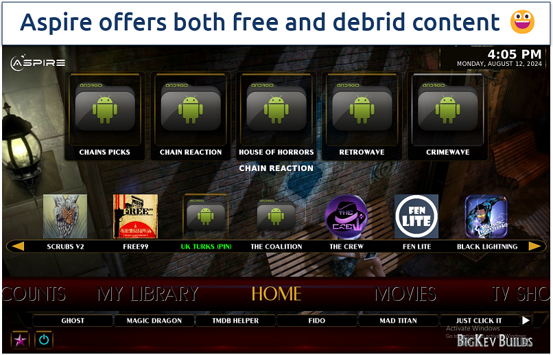 Screenshot showing the Aspire Kodi build home page