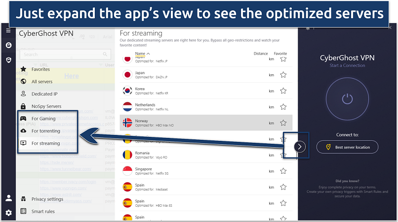 A screenshot showing CyberGhost's optimized servers for gaming, streaming, and torrenting