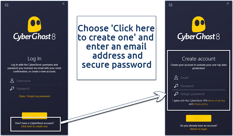 A screenshot showing the ease of creating a CyberGhost account for activating the free trial on Windows.