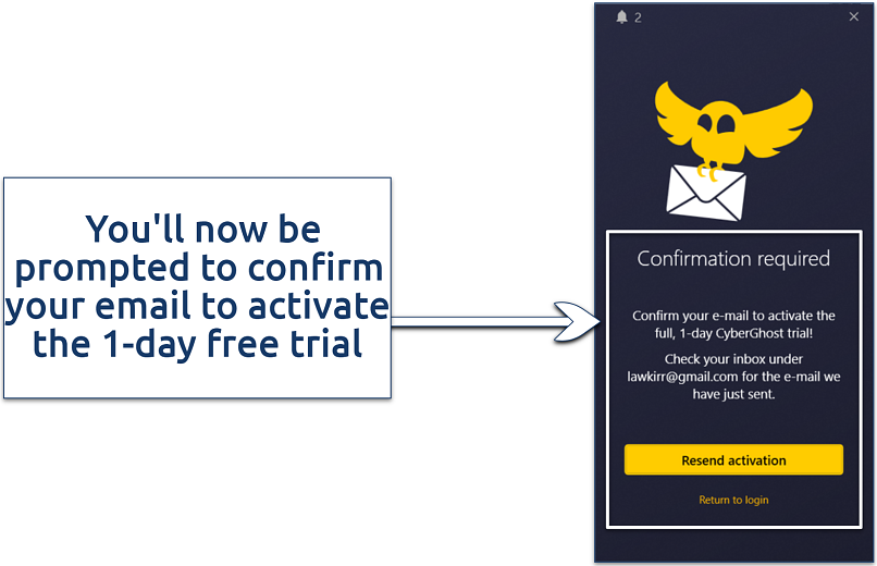 A screenshot showing the confirmation message that appears after creating a free trial account with CyberGhost using the Windows app