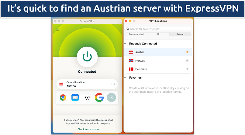 Screenshot of the server list in the ExpressVPN app