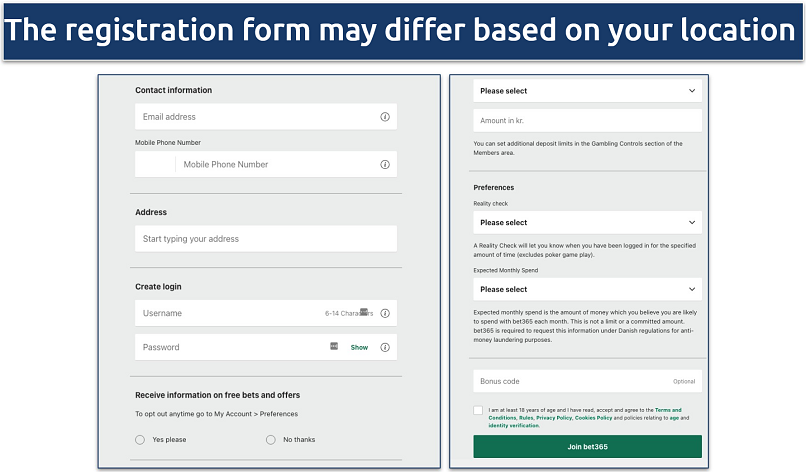 Screenshot of the bet365 registration form