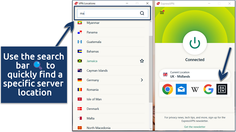 A screenshot showing how easy it's to search and connect to a server with ExpressVPN, along with saved shortcuts for quick access