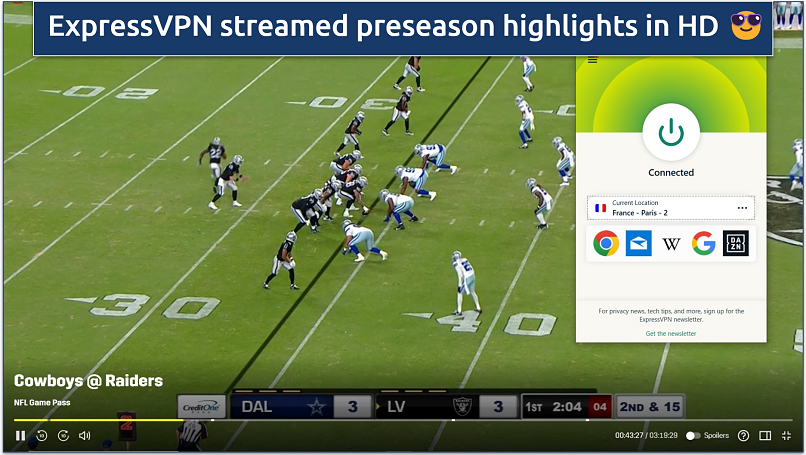 A screenshot showing streaming NFL Game Pass on DAZN while connected to ExpressVPN's France server