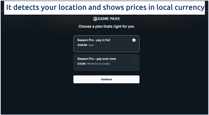 A screenshot showing the NFL Game Pass plans available on DAZN website