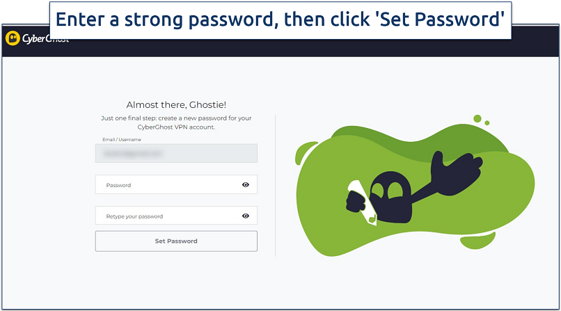 A screnshot showing the password creation step during the CyberGhost subscription sign-up  