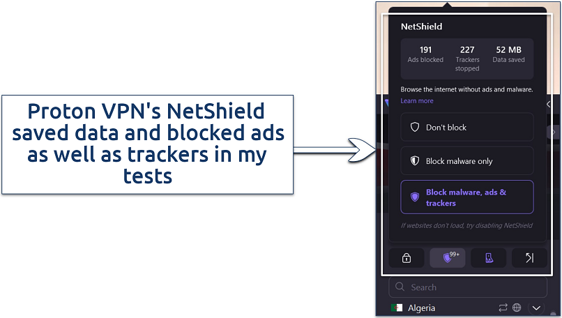 A screenshot showing Proton VPN's NetShield excels at filtering out ads, blocking trackers, and saving data