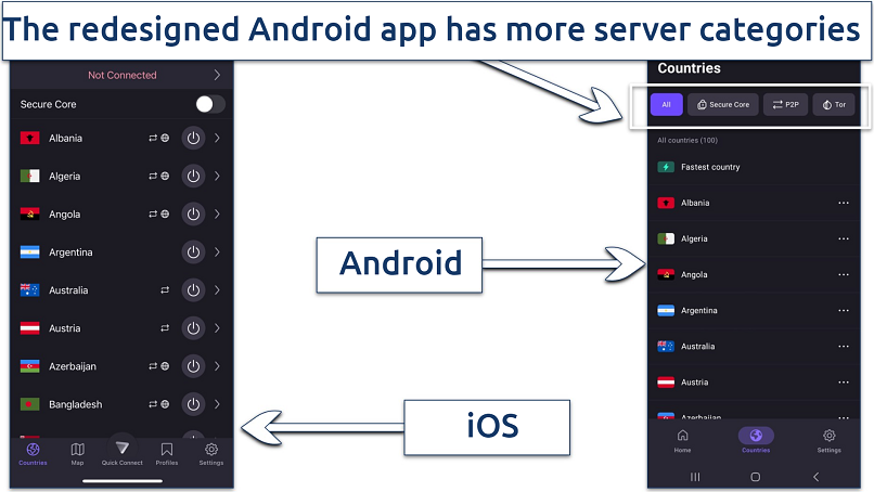 A screenshot showing Proton VPN's Android app displays more options under the country menu compared to the iOS app