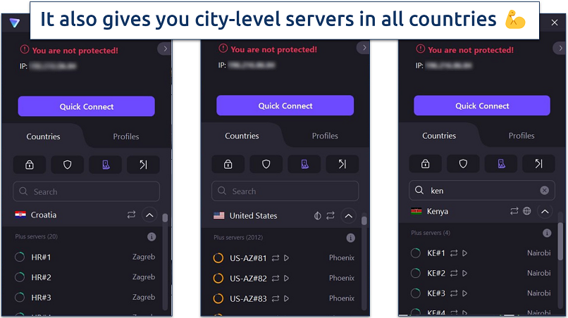 A screenshot showing Proton VPN offers city-level servers