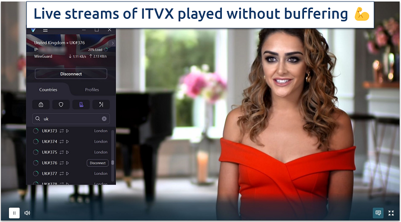 A screenshot of ITVX streaming The Real Housewives of Cheshire while connected to Proton VPN's UK streaming-optimized server