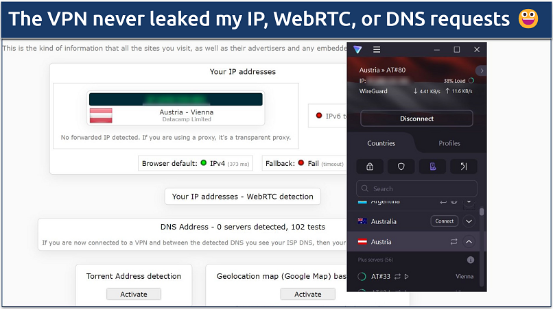 A screenshot showing Proton VPN passed DNS, IP leak, and WebRTC tests