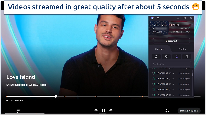 A screenshot of Peacock streaming Love Island while connected to Proton VPN's US streaming-optimized server