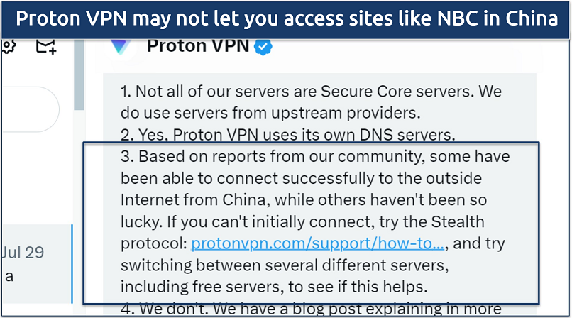 A screenshot showing Proton VPN's support team confirming the VPN may work in China