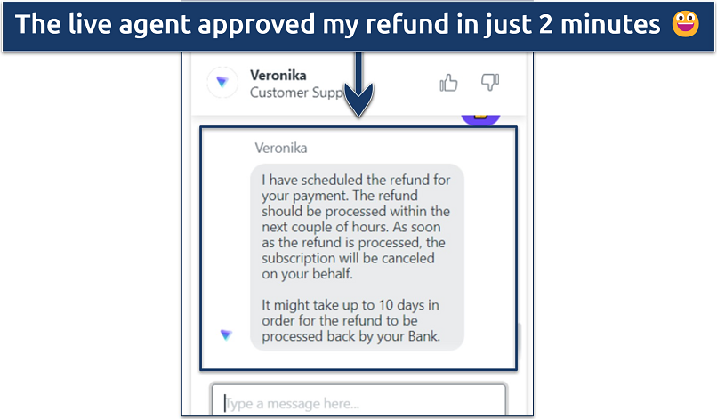 A screenshot showing you can cancel and seek a refund via Proton VPN's live chat feature
