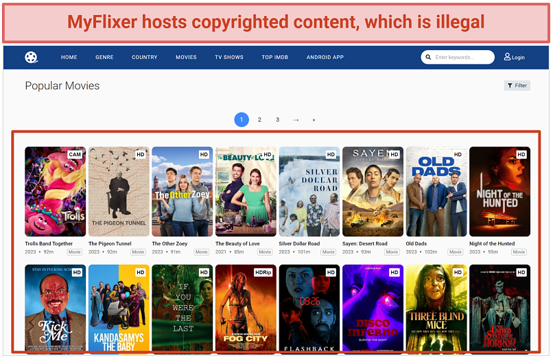 Screenshot of MyFlixer's homepage