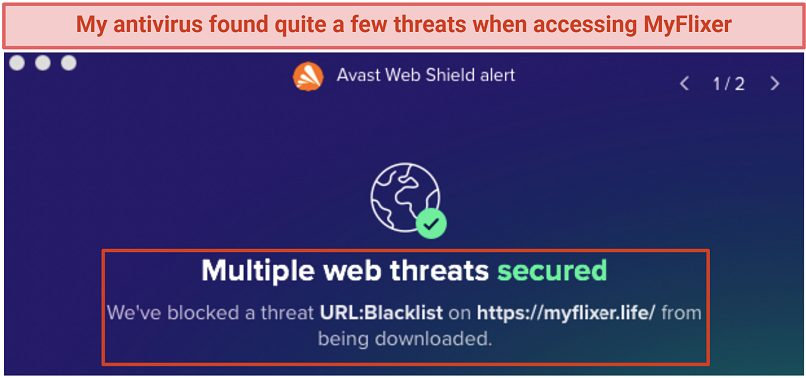 Screenshot of threats when accessing MyFlixer