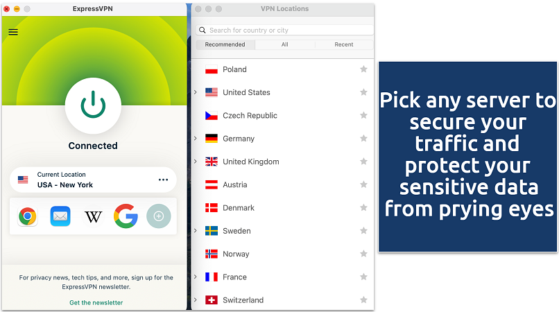 Screenshot of the ExpressVPN interface and a server list
