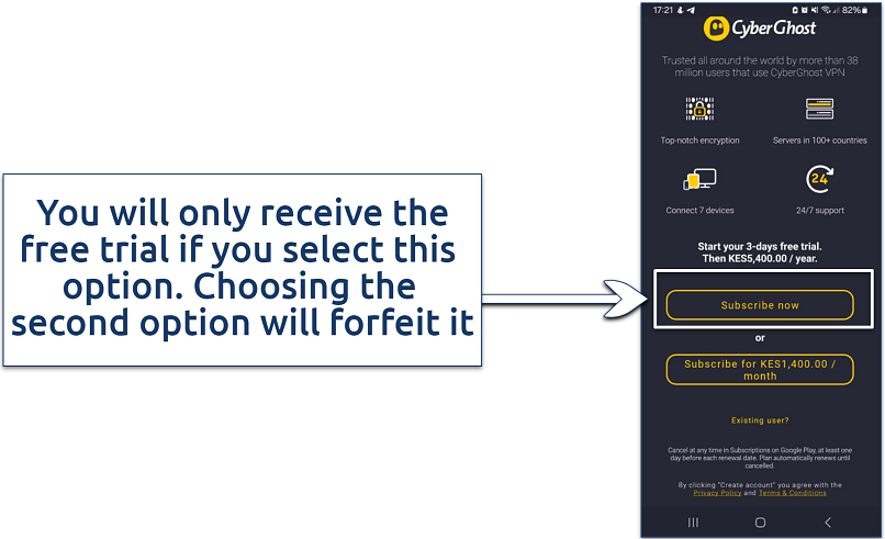 A screenshot of the Subscribe Now button to click on Android to start the 3-day free trial.