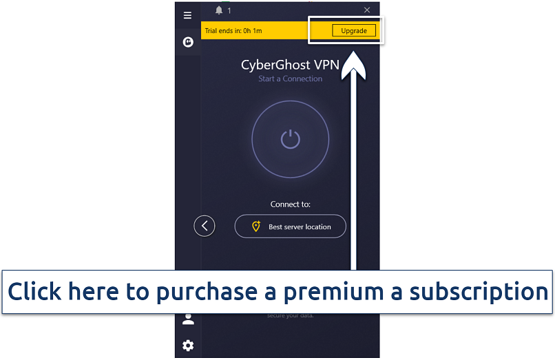 A screenshot showing the upgrade button to click for purchasing a CyberGhost premium account.