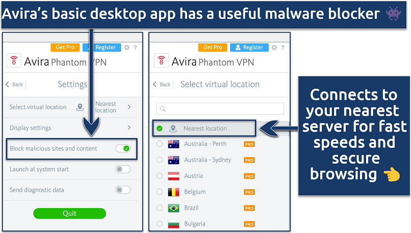 Screenshots of Avira Phantom VPN's desktop app