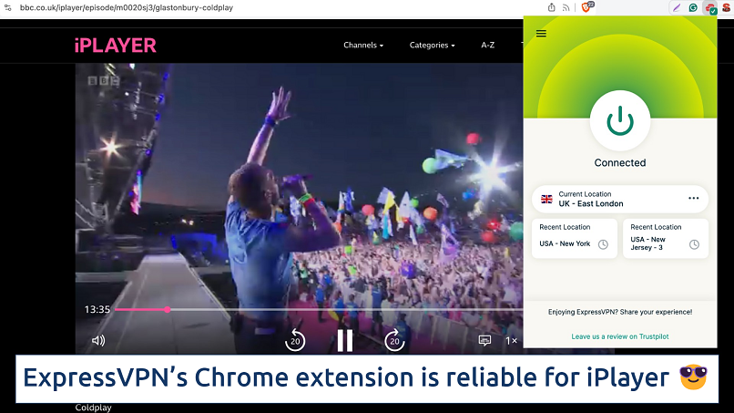 Screenshot of the ExpressVPN Chrome extension over the BBC iPlayer