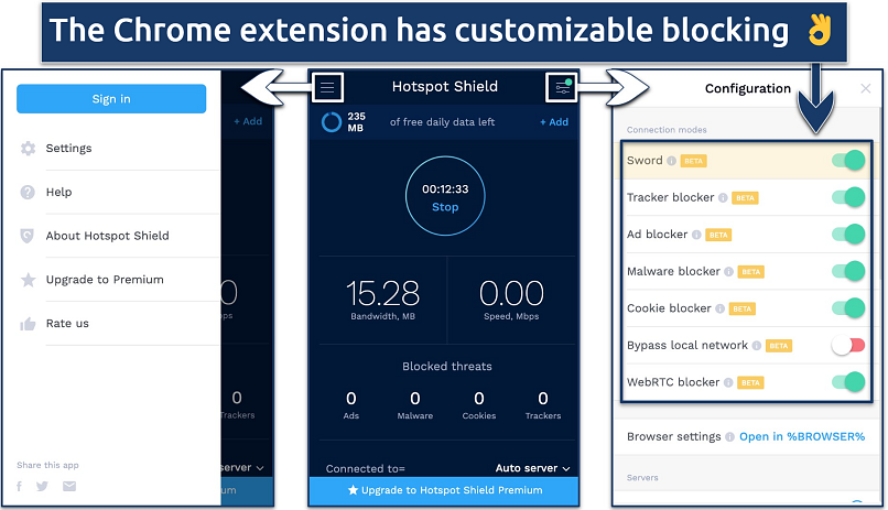 Screenshot of the 3 main app views on the Hotspot Shield Chrome extension