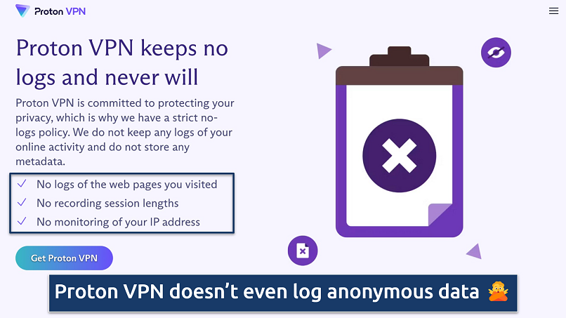 Screenshot of the no logs page on the Proton VPN website