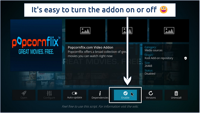 A screenshot showing how easy it is to enable or disable Popcornflix, just like the other addons on this list