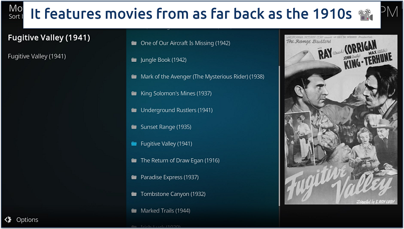 A screenshot showing the Black and White Kodi addon has classic movies