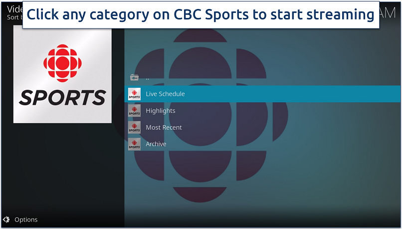 A screenshot showing the CBC Sports addon has a simple interface