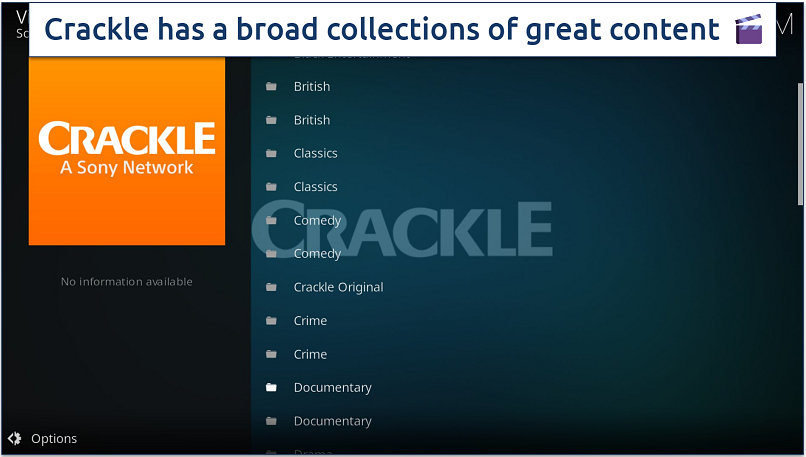 A screenshot showing the Crackle addon has a solid collection of great content