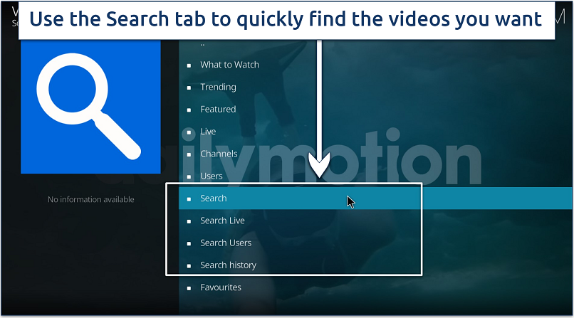 A screenshot showing the Dailymotion Kodi addon's search tabs that allow quick video searches