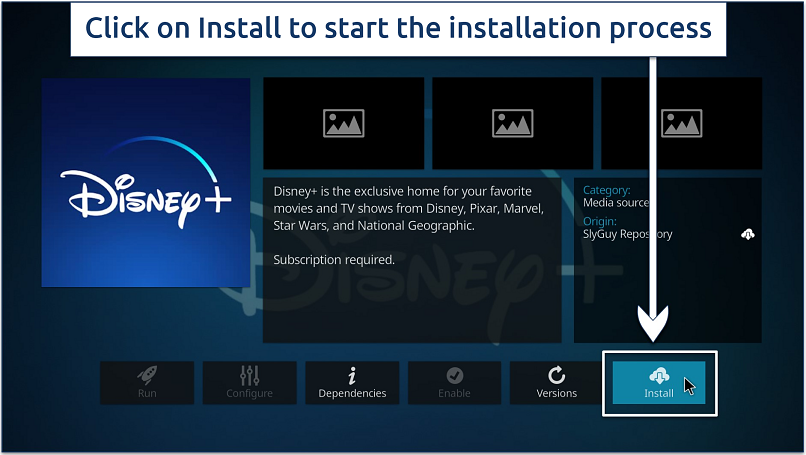 Screenshot of the Disney+ Kodi addon install button