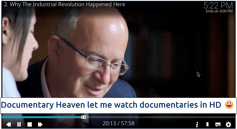 A screenshot showing the Documentary Heaven addon allows watching documentaries in HD