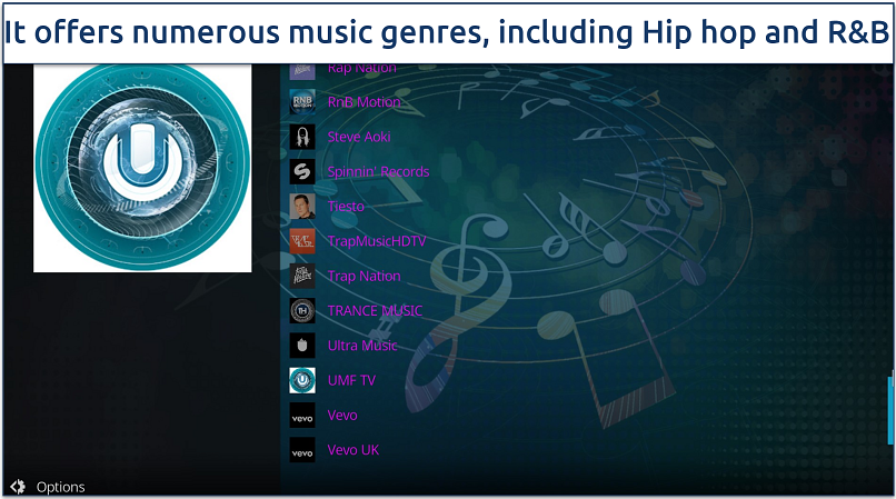 A screenshot showing DreamZBeats Kodi addon features various music genres