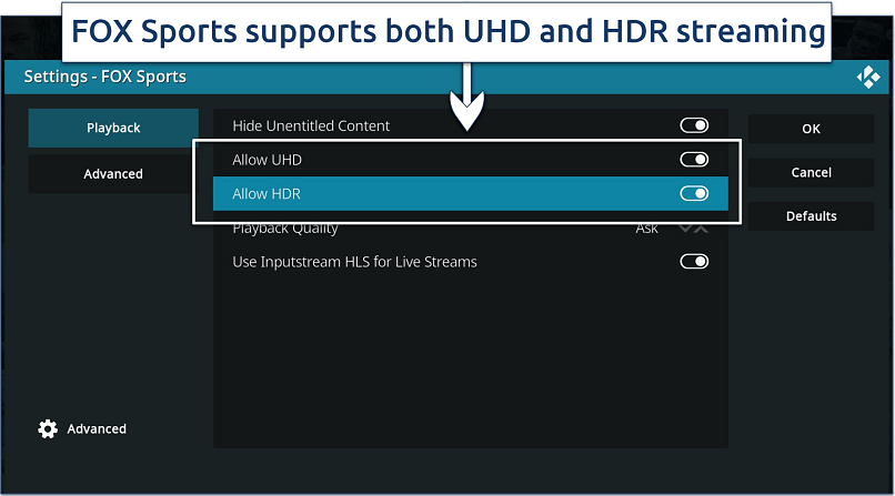 A screenshot showing FOX Sports Kodi addon support both UHD and HDR streaming