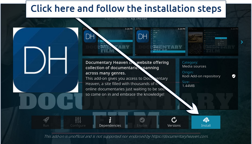 Screenshot of DocumentaryHeaven Kodi addon details page