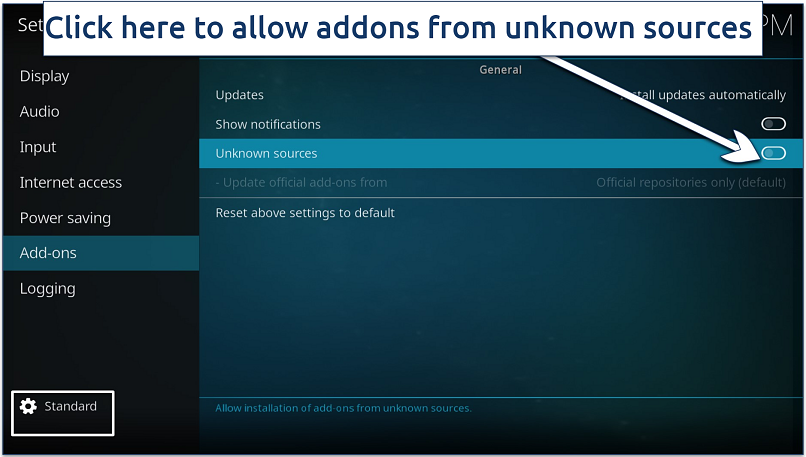 Screenshot of Kodi addons settings page