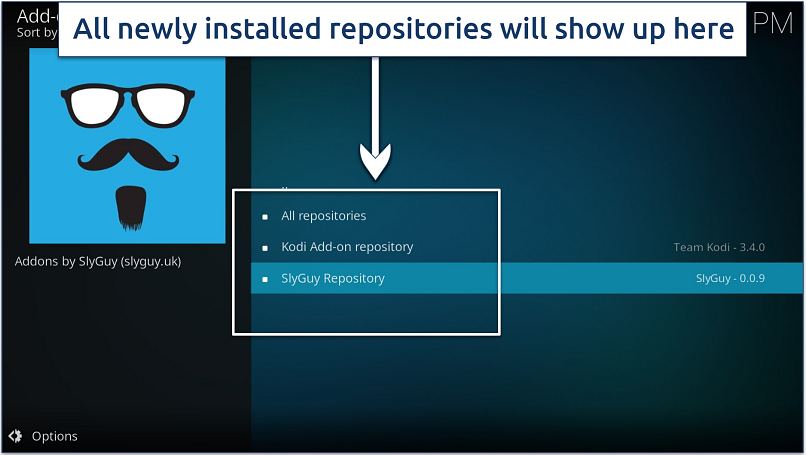 A screenshot showing the newly installed SlyGuy Kodi repository alongside the official one