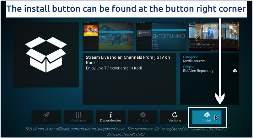 Screenshot showing the actual location of the Install tab on the JioTV addon.