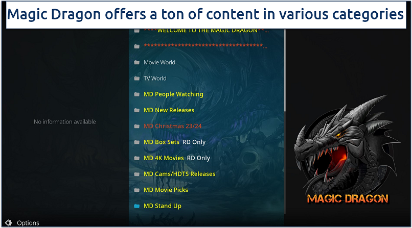 A screenshot showing the Magic Dragon Kodi addon has its content placed into different categories.