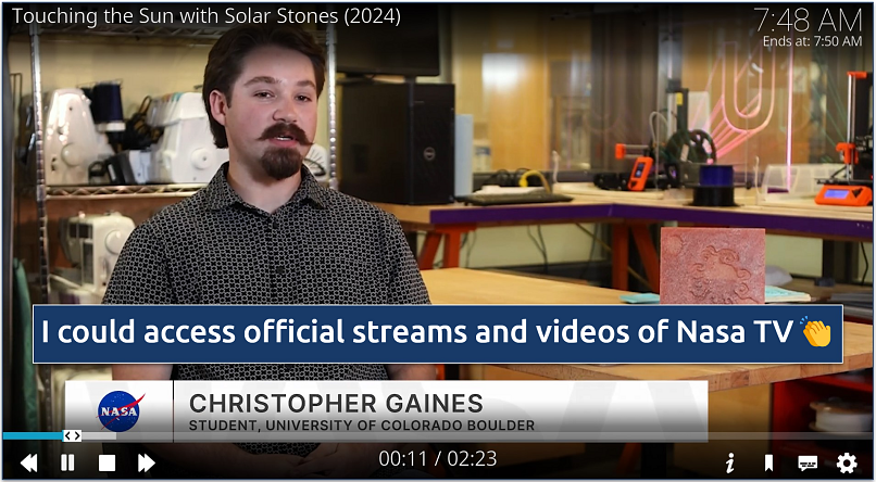A screenshot showing the Nasa Kodi addon provides access to official streams and videos from NASA