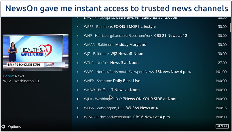 A screenshot showing the NewsOn Kodi addon allows streaming of trusted news channels from across the US