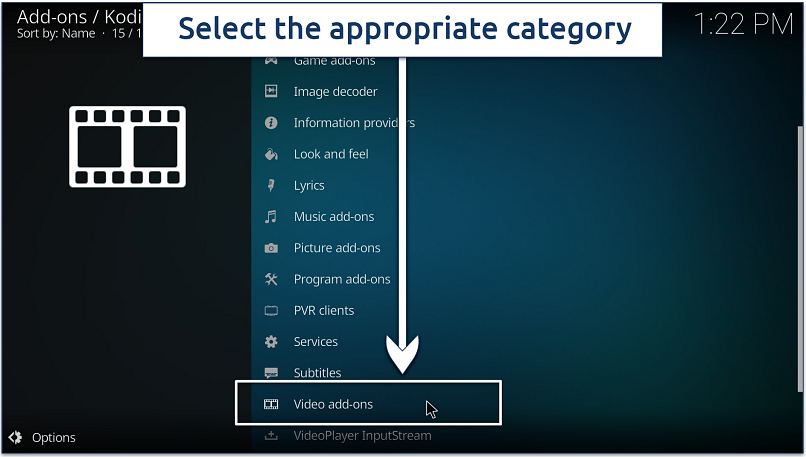 Screenshot of Kodi 21 Omega addon categories and other options