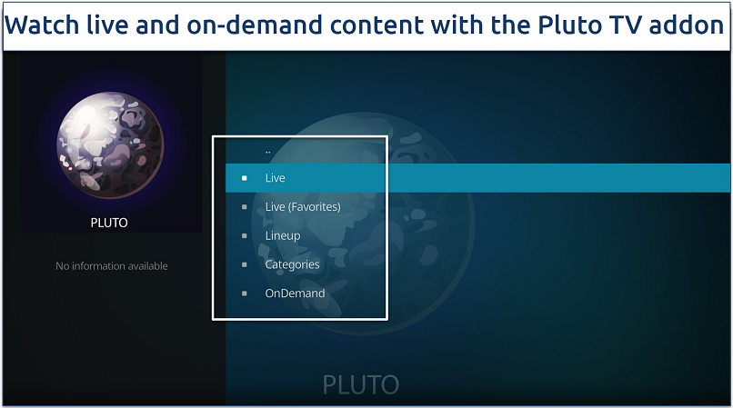 A screenshot showing the multi-category Pluto TV's addon